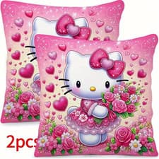 Image of 2PCS Hello Kitty Pink Heart cat print pillowcases sofa cushion cover 18"x18" UK