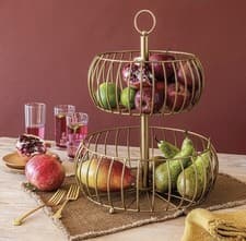 Image of Over & Back 2-Tier Gold Wire Fruit Basket Stand Metal Veg Storage Organiser