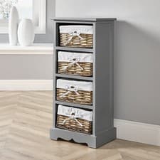 Image of Chest 4 Drawers Hallway Storage Organiser Wooden Wicker Baskets Fully Assembled