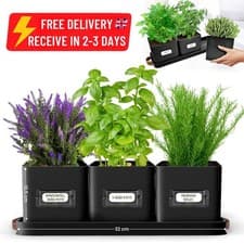 Image of Set of 3 Herb Planter Pots & Labels for Outdoor Indoor Kitchen Windowsill