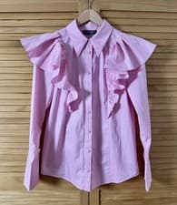 Image of MINT VELVET Ruffle Pink Cotton Shirt Blouse Size Medium