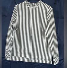 Image of White Black Striped Ruffle Neck Button Long Sleeve Blouse Women Regular Size