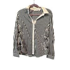 Image of New York & Company 7th Avenue Button-Up Shirt Women L White Stripped Long Sleeve