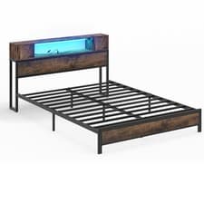 Image of COSTWAY Double Size Bed Frame with LED Lights & Charging Station