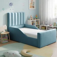 Image of Panel Kids Bed Frame Plush Velvet Upholstered Single Bed with Safety Rail Sides