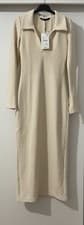 Image of ZARA BEIGE POLO COLLAR BOUCLÉ MIDI DRESS WITH BACK VENT SIZE S BNWT