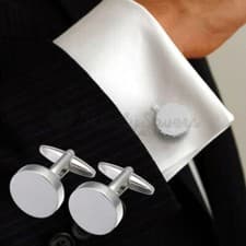 Image of Classic Simple Plain Round Polished Silver Mens Wedding Gift Cuff Link Cufflinks