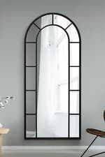 Image of Arched Metal Framed Wall - Leaner Window Mirror in Gold And Black 2 Sizes