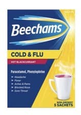 Image of Beechams Cold & Flu 5 Hot Blackcurrant Sachets headache fever aches pains