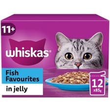 Image of 48 x 85g Whiskas 11+ Fish Favourites Mixed Senior Wet Cat Food Pouches in Jelly