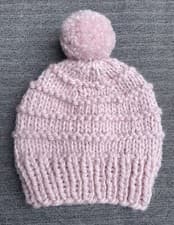Image of Hand Knit NEW Winter Hat Women's Medium-Large Blush Pink Oversized Pom Pom