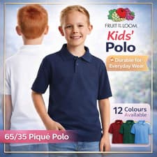 Image of Kids Polo Shirt Fruit Of The Loom Boys Girls Plain School Sports PE Top Tee