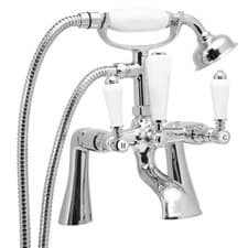 Image of Traditional Style Bath Mixer Taps with Shower Head & Hose White Chrome Brassware