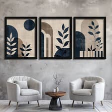 Image of Navy Grey Beige Wall Art Set of 3 Prints Mid-Century Geometric Poster Prints
