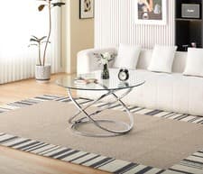 Image of Round Abstract Tempered Glass Coffee Table Chrome Effect Frame Living Room