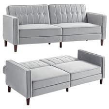 Image of HOMCOM Convertible Sofa Futon Velvet-Touch Tufted Couch Sofa Bed Grey