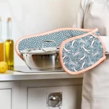 Image of Double Oven Gloves Kitchen Cooking Mitts Cotton Insulated Hanging Blue Cats