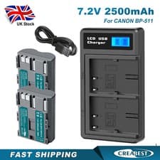 Image of 2x 2.5AH Battery For Canon BP-511 BP-511A EOS 30D 40D 300D 50D 10D +LCD Charger