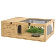 Image of PawHut Tortoise House w/ Mesh Roof, Small Pet Reptile Wooden House - Yellow