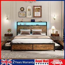 Image of Double Size Bed Frame Metal Bed Platform LED Lights Headboard & 4 Storage Usbnfh