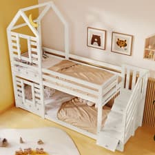 Image of Bunk Bed Storage Children Cabin Bed Single Bed with Window for Kids Solid Pine