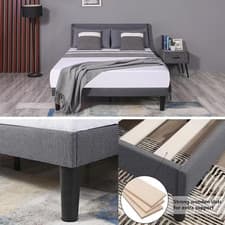 Image of Double Bed Frame 4FT6 Upholstered Linen Grey/Green Winged Headboard
