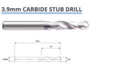 Image of 3.9mm CARBIDE STUB DRILL 2 FLUTED DIN6539 55mm x 22mm 8003030390 EUROPA TOOL 22