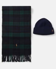 Image of Polo Ralph Lauren Holiday Tartan Navy Mix 100% Scarf Beanie Gift Set New in Box