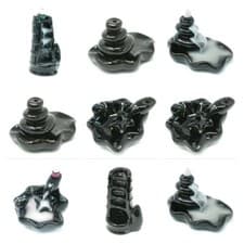 Image of Black Back Flow Incense Burner Cones Bamboo Fountain Pebbles Lotus Flower