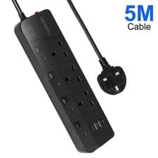 Image of Surge Protected Mains Extension Lead UK Power Cable Plug 3/6 Socket Black USB