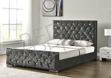Image of GREY CRUSHED VELVET UPHOLSTERED CHESTERFIELD BED + MATTRESS + BUTTON CHOICE