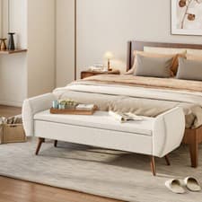 Image of Upholstered Ottoman Storage Bench End Of Bed Stool Side Chair Seat w/ Wood Legs