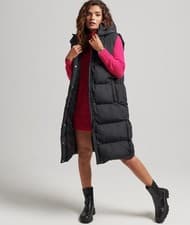 Image of Superdry Womens Longline Hooded Padded Gilet Black Colour Size 14 RRP£125