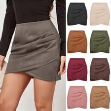 Image of Womens Faux Suede Bodycon Zip Up Skirts Mini Ruched Sexy Dress Party Skirt Size