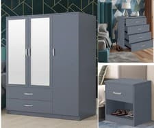 Image of 3 Piece High Gloss Grey Bedroom Furniture Set Bedside Chest of Drawer Wardrobe