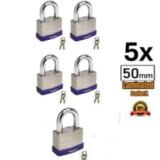 Image of 5x Laminated Padlocks Steel Short Shackle Riveted Body - Weatherproof - Set of 5