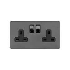 Image of Black Nickel Flat Plate 13A 2 Gang Switched Socket Double Pole Blk Ins Screwless
