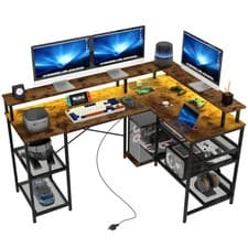 Image of HOMCOM L Shaped Gaming Desk w/ LED Lights and Power Outlets for Small Space