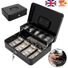 Image of Metal Cash Box Lockable Money, Coin & Note Security Box Large Cash Box with Lock