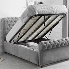Image of Loxley Chesterfield Ottoman Sleigh Bed Plush Velvet, GasLift Storage/Mattress