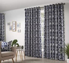 Image of Navy Blue & Grey Geometric Design Pair Eyelet Ring Top Curtains All Sizes Lined