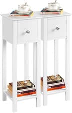 Image of Yaheetech White Slim Bedside Table Set of 2, Narrow Wooden Nightstand with Drawe