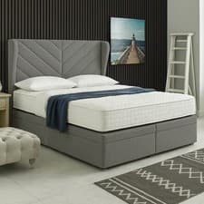 Image of Valencia Upholstered Ottoman Storage Bed with Curved Wing Herringbone Headboard