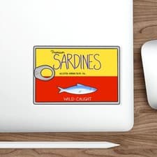 Image of “Savory Sardines” Tin Fish Illustration Water-resistant Die-Cut Stickers