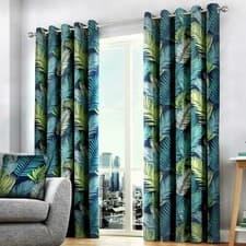 Image of Pair CARRIBEAN Palm Tree Design Eyelet Ring Top Lined Curtains - Multi or Ochre