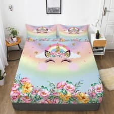 Image of Cartoon Unicorns Girls Bed Decor Fitted Sheet Set Single/Double/Super King Size