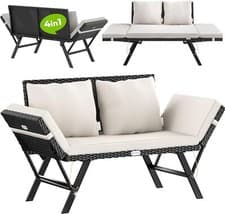 Image of Polyrattan Garden Bench Black/Cream Fold-Out Lounge Patio Sofa Indoor/Outdoor