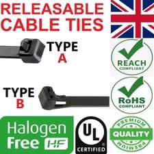 Image of Releasable Reusable Cable Zip Ties Wraps Black Natural Nylon 100mm-780mm FREE PP
