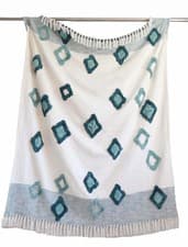Image of Luxury Cream Cotton Throw Blanket with Teal Tassels (175x140cm) Sale Soft Touch