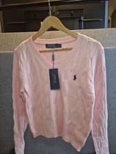 Image of Ralph Lauren Sport Women's Pink Cotton Cable Knit V-Neck Jumper Size M